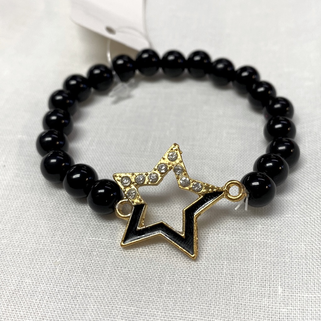 Black Beads With Star Charm Rhinestone Bracelet 9$